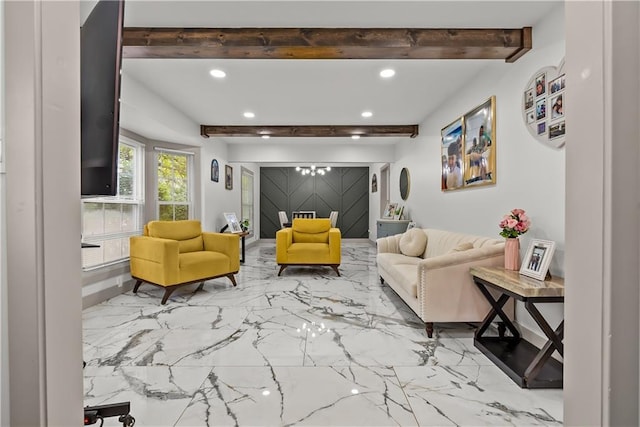 6101 E 107th St, Kansas City, MO 64134 - living room with beam ceiling, recessed lighting, and marble finish floors