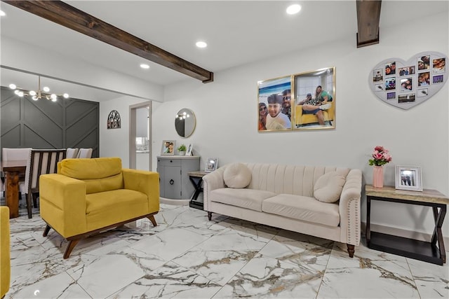 6101 E 107th St, Kansas City, MO 64134 - living room featuring recessed lighting, marble finish flooring, beam ceiling, and a chandelier