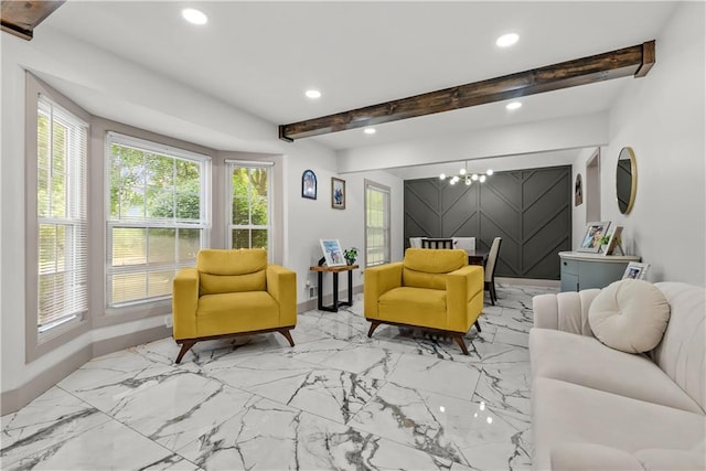 6101 E 107th St, Kansas City, MO 64134 - living room featuring recessed lighting, beamed ceiling, a chandelier, and marble finish floors