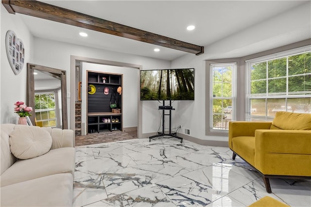 6101 E 107th St, Kansas City, MO 64134 - living area featuring recessed lighting, healthy amount of natural light, marble finish flooring, and beam ceiling