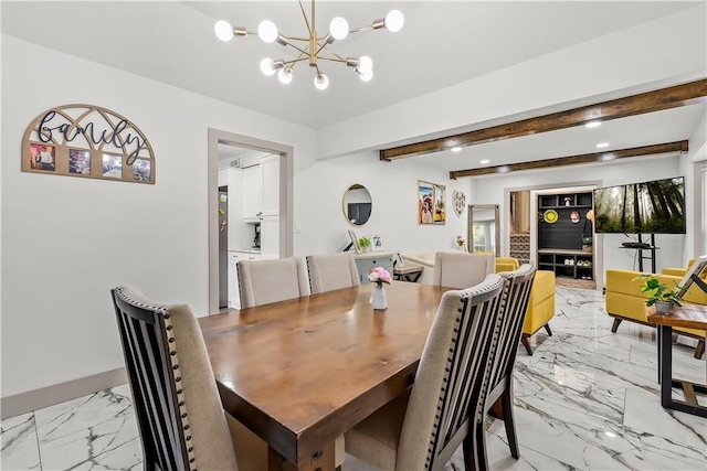 6101 E 107th St, Kansas City, MO 64134 - dining area with light marble finish floors, beam ceiling, a chandelier, and recessed lighting