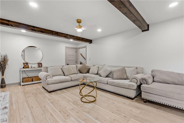 6101 E 107th St, Kansas City, MO 64134 - living room with beamed ceiling, ceiling fan, wood finished floors, and recessed lighting