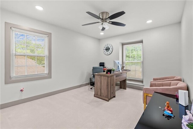 6101 E 107th St, Kansas City, MO 64134 - home office featuring light carpet, a ceiling fan, and recessed lighting