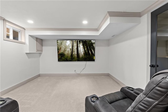 6101 E 107th St, Kansas City, MO 64134 - living area with light colored carpet, recessed lighting, crown molding, and a tray ceiling
