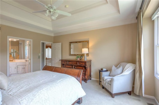 16042 Overbrook Ln, Stilwell, KS 66085 - bedroom featuring a tray ceiling, light carpet, crown molding, ensuite bath, and ceiling fan