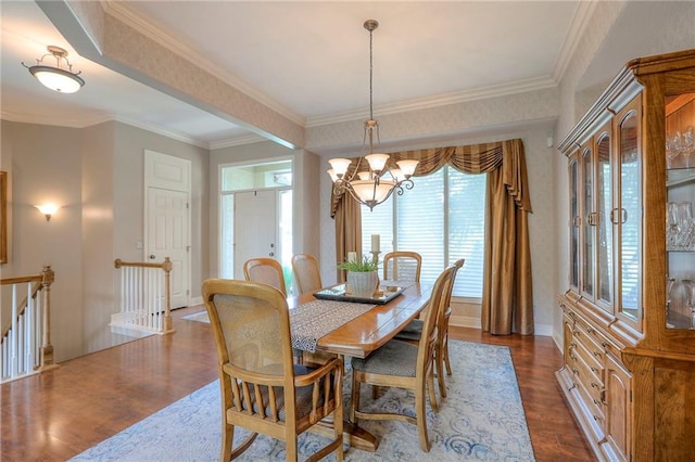 16042 Overbrook Ln, Stilwell, KS 66085 - dining space featuring dark wood-style floors, a chandelier, and crown molding