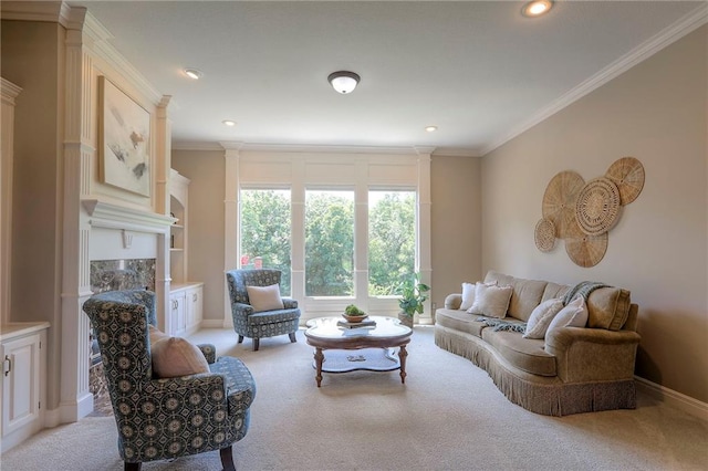 16042 Overbrook Ln, Stilwell, KS 66085 - carpeted living room featuring ornamental molding, recessed lighting, and a high end fireplace