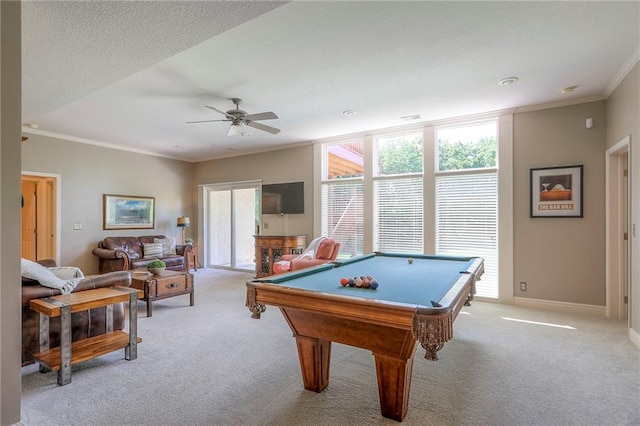 16042 Overbrook Ln, Stilwell, KS 66085 - game room featuring crown molding, light carpet, billiards, and a ceiling fan