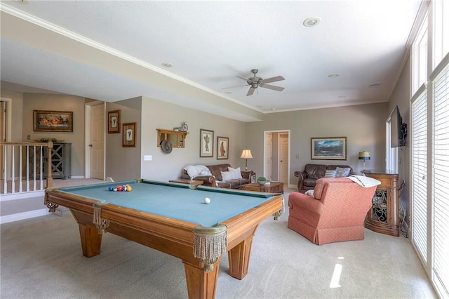 16042 Overbrook Ln, Stilwell, KS 66085 - playroom featuring light colored carpet, ornamental molding, billiards table, and a ceiling fan