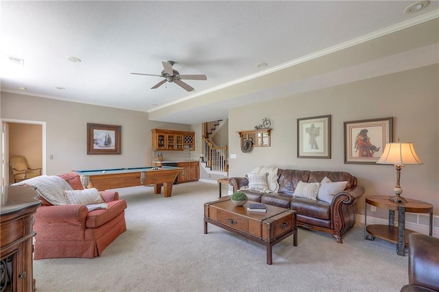 16042 Overbrook Ln, Stilwell, KS 66085 - game room featuring pool table, light carpet, crown molding, and a ceiling fan