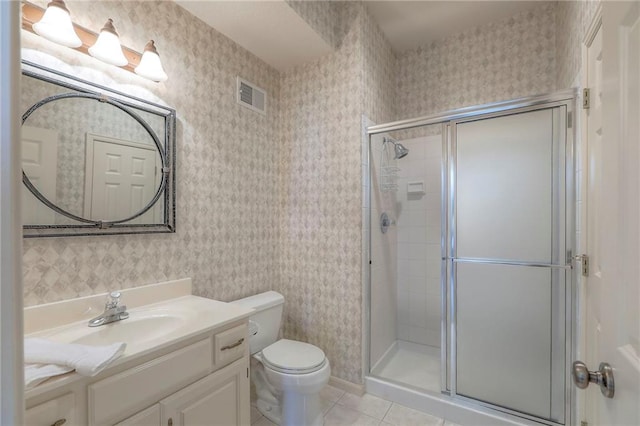16042 Overbrook Ln, Stilwell, KS 66085 - full bath featuring a stall shower, tile patterned flooring, vanity, and wallpapered walls