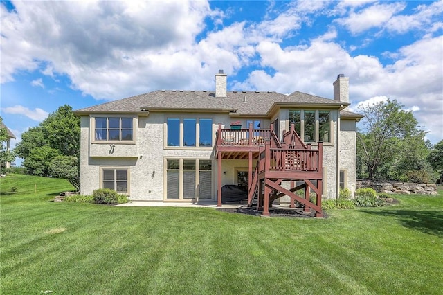 16042 Overbrook Ln, Stilwell, KS 66085 - back of property featuring a wooden deck, a chimney, a lawn, and stairs