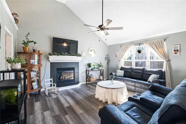 4416 Broadway Ter, Leavenworth, KS 66048 - living area with high vaulted ceiling, ceiling fan, dark wood-type flooring, and a fireplace