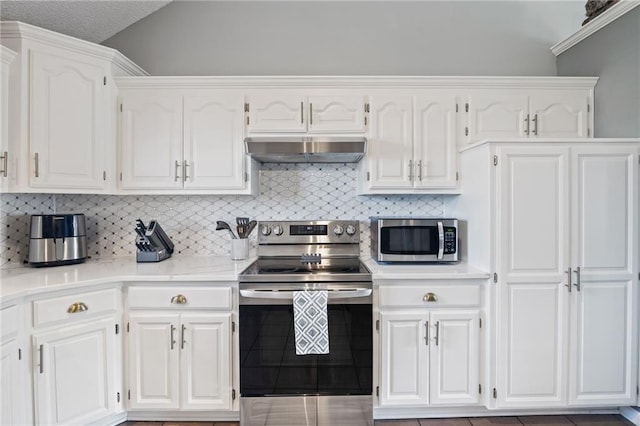 4416 Broadway Ter, Leavenworth, KS 66048 - kitchen featuring stainless steel appliances, ventilation hood, white cabinetry, and light countertops
