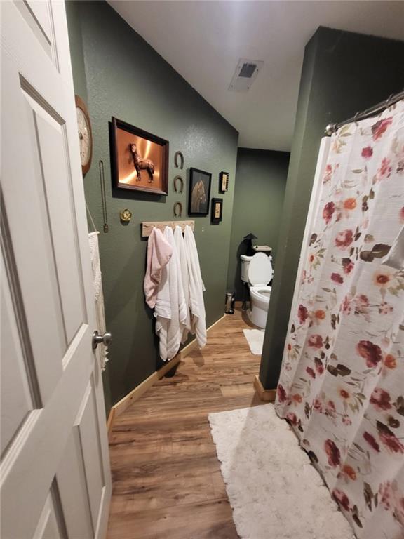 204 E Casey Rd, Lone Jack, MO 64070 - bathroom featuring wood finished floors and a shower with shower curtain