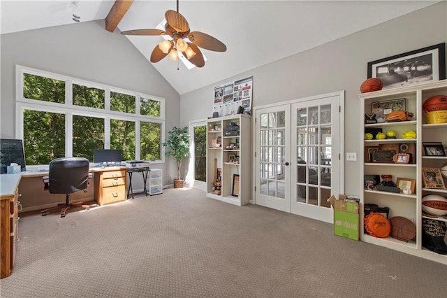 414 N 4th St, Gower, MO 64454 - office area featuring french doors, high vaulted ceiling, carpet, beam ceiling, and ceiling fan