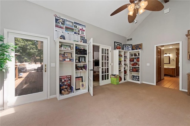 414 N 4th St, Gower, MO 64454 - bedroom with carpet floors, access to outside, french doors, high vaulted ceiling, and a ceiling fan