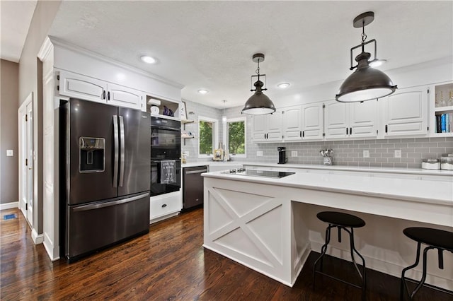 414 N 4th St, Gower, MO 64454 - kitchen featuring black appliances, open shelves, white cabinetry, decorative backsplash, and recessed lighting