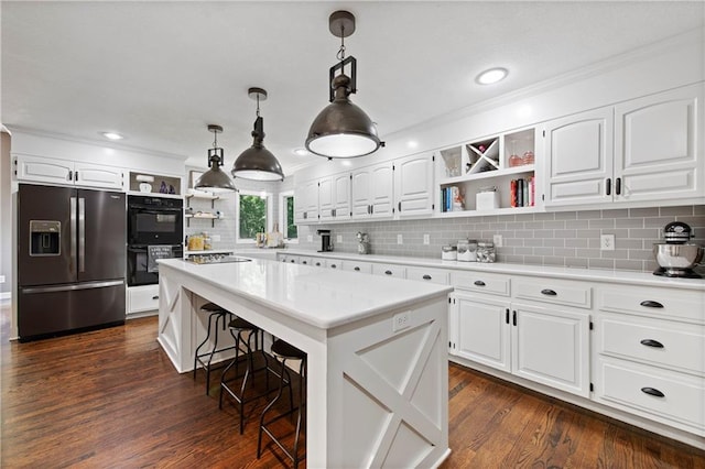 414 N 4th St, Gower, MO 64454 - kitchen with stainless steel fridge with ice dispenser, open shelves, cooktop, a kitchen breakfast bar, and tasteful backsplash