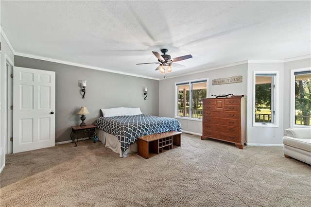 414 N 4th St, Gower, MO 64454 - carpeted bedroom with ornamental molding, a textured ceiling, and a ceiling fan