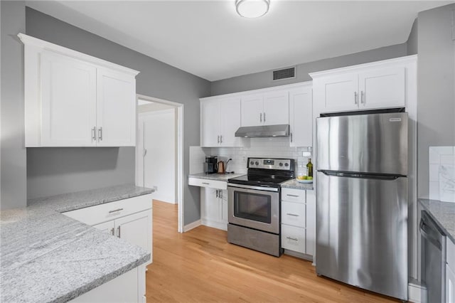 333 W Meyer Blvd # 212, Kansas City, MO 64113 - kitchen with appliances with stainless steel finishes, under cabinet range hood, white cabinets, decorative backsplash, and light wood-style floors