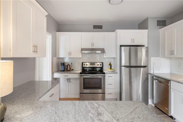 333 W Meyer Blvd # 212, Kansas City, MO 64113 - kitchen featuring stainless steel appliances, under cabinet range hood, decorative backsplash, and white cabinetry