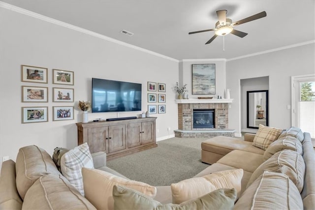 21404 W 47th Ter, Shawnee, KS 66218 - carpeted living room featuring a ceiling fan, ornamental molding, and a glass covered fireplace