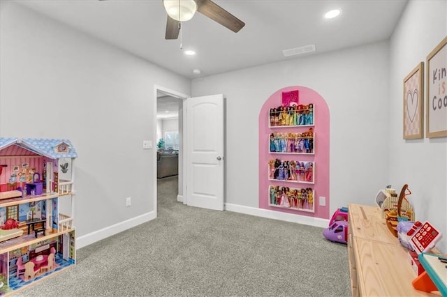 21404 W 47th Ter, Shawnee, KS 66218 - recreation room with ceiling fan, carpet flooring, and recessed lighting