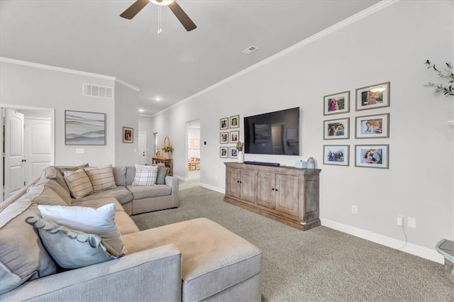 21404 W 47th Ter, Shawnee, KS 66218 - carpeted living room featuring crown molding, ceiling fan, and recessed lighting