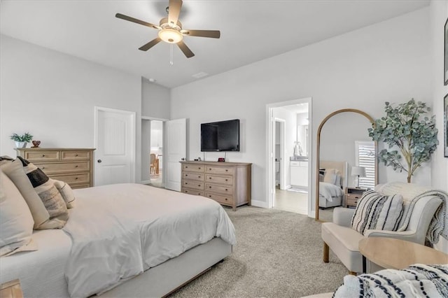 21404 W 47th Ter, Shawnee, KS 66218 - bedroom featuring light carpet, ensuite bath, and ceiling fan