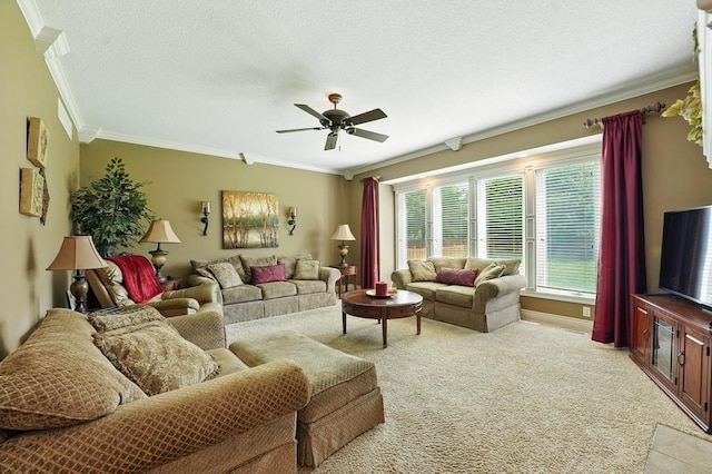 2312 NE Sweet Water Dr, Lees Summit, MO 64086 - living area featuring crown molding, light colored carpet, ceiling fan, and a textured ceiling