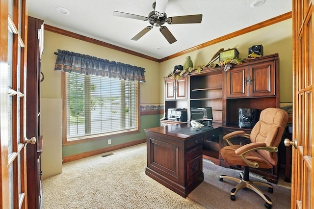 2312 NE Sweet Water Dr, Lees Summit, MO 64086 - office area with light colored carpet, a ceiling fan, and crown molding