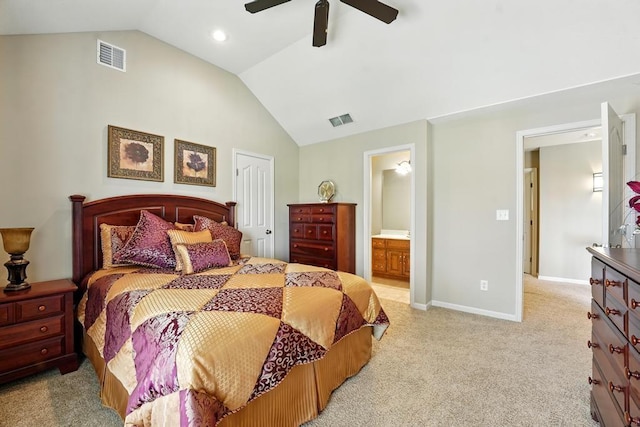 2312 NE Sweet Water Dr, Lees Summit, MO 64086 - bedroom with vaulted ceiling, light colored carpet, a ceiling fan, ensuite bathroom, and a closet