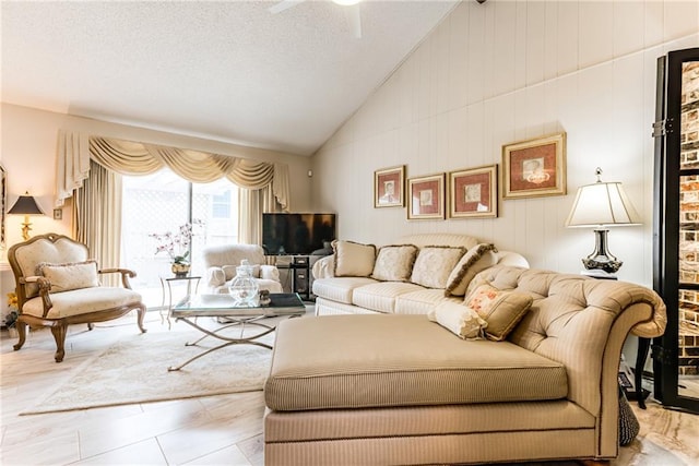 10902 W 96th Ter, Overland Park, KS 66214 - living area featuring a ceiling fan, a textured ceiling, and high vaulted ceiling