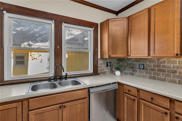 305 E Main St, Richmond, MO 64085 - kitchen featuring stainless steel dishwasher, crown molding, tasteful backsplash, light countertops, and brown cabinets