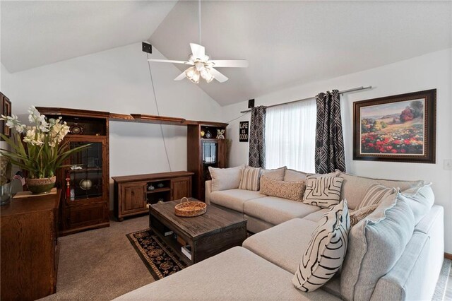 606 S Thornton St, Richmond, MO 64085 - living room with carpet flooring, a ceiling fan, and high vaulted ceiling