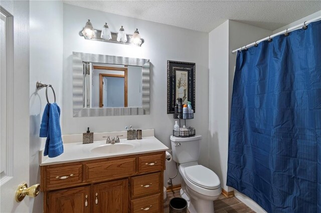 606 S Thornton St, Richmond, MO 64085 - bathroom with vanity, wood finished floors, a textured ceiling, and a shower with shower curtain