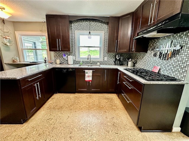 8708 W 92nd St, Overland Park, KS 66212 - kitchen with black appliances, a peninsula, backsplash, dark brown cabinets, and light stone counters