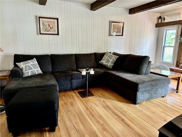 8708 W 92nd St, Overland Park, KS 66212 - living area featuring wood finished floors, beam ceiling, and wooden walls