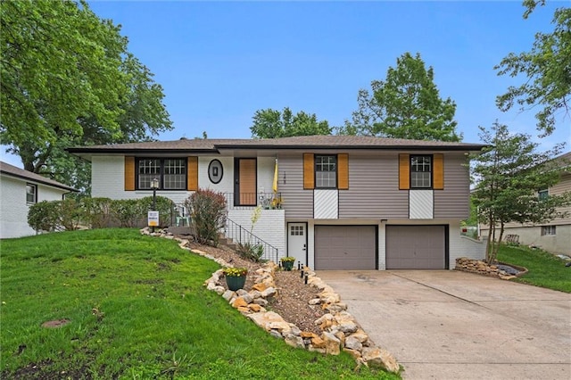 1208 SW Speas Dr, Blue Springs, MO 64014 - view of front of property with a garage, a front lawn, concrete driveway, stairs, and brick siding