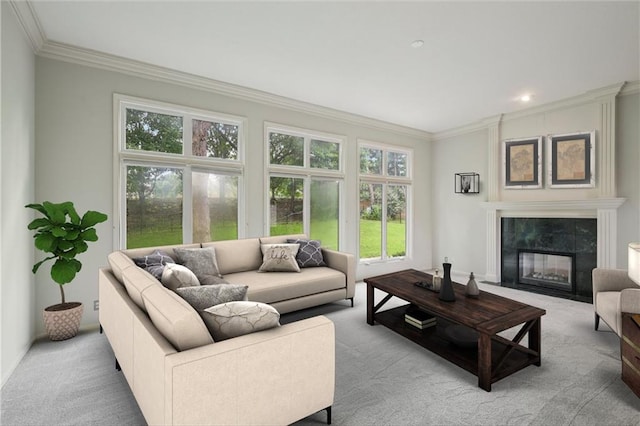 12909 Maple St, Overland Park, KS 66209 - living area with ornamental molding, light colored carpet, a fireplace, and recessed lighting