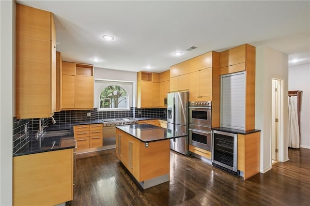 12909 Maple St, Overland Park, KS 66209 - kitchen with appliances with stainless steel finishes, wine cooler, backsplash, dark wood-type flooring, and a kitchen island