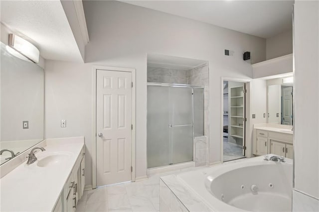 12909 Maple St, Overland Park, KS 66209 - full bath featuring a shower stall, vanity, a tub with jets, and marble finish flooring
