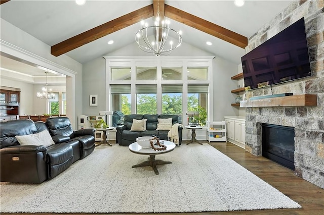 27181 W 100th Ter, Olathe, KS 66061 - living room featuring a chandelier, a stone fireplace, dark wood finished floors, high vaulted ceiling, and beam ceiling