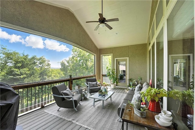 27181 W 100th Ter, Olathe, KS 66061 - sunroom / solarium with an outdoor hangout area, vaulted ceiling, and a ceiling fan
