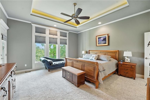 27181 W 100th Ter, Olathe, KS 66061 - bedroom featuring a raised ceiling, light carpet, ornamental molding, recessed lighting, and a ceiling fan
