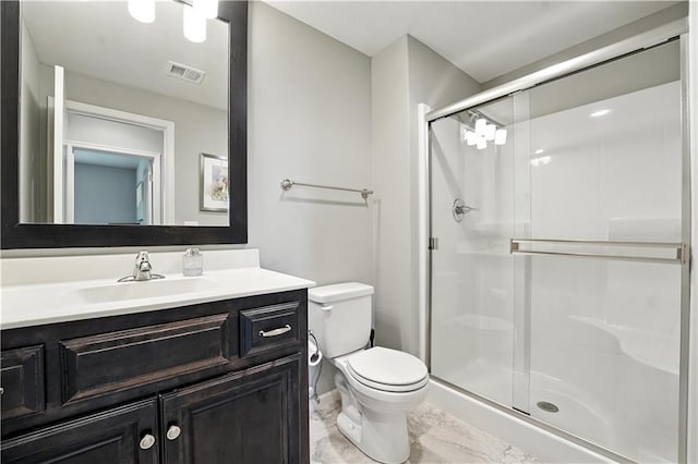 27181 W 100th Ter, Olathe, KS 66061 - bathroom featuring a stall shower, vanity, and marble finish floors