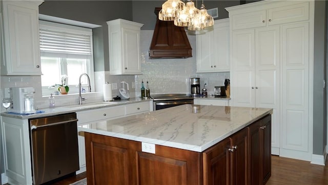 14780 S Glen Eyrie St, Olathe, KS 66061 - kitchen featuring stainless steel dishwasher, tasteful backsplash, white cabinets, and a chandelier