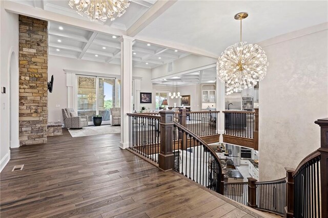 18405 371st Hwy, Platte City, MO 64079 - stairway with a chandelier, beam ceiling, coffered ceiling, wood finished floors, and recessed lighting