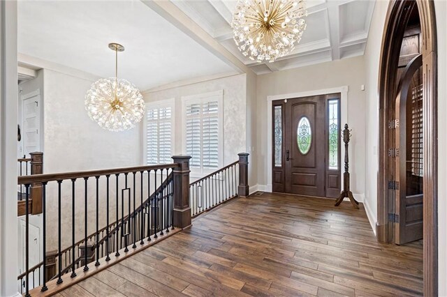 18405 371st Hwy, Platte City, MO 64079 - foyer with a chandelier, hardwood / wood-style flooring, beam ceiling, coffered ceiling, and crown molding